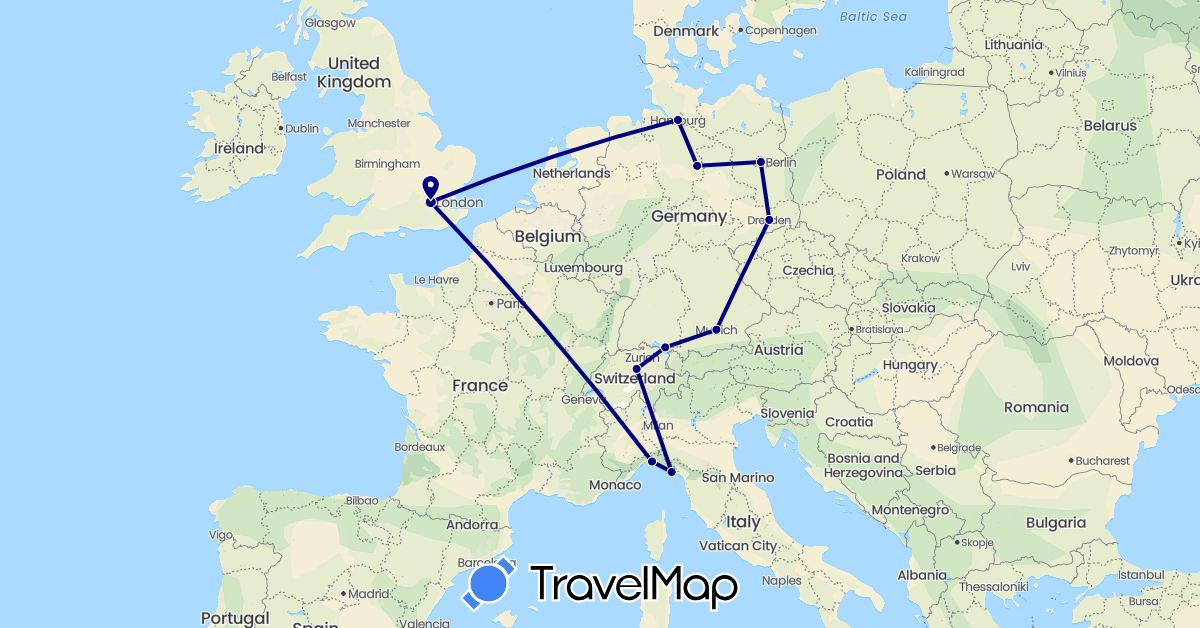 TravelMap itinerary: driving in Switzerland, Germany, United Kingdom, Italy (Europe)